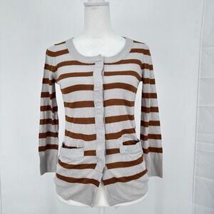 Wallace‎ Women's Striped Linen Blend Cardigan XS Brown Gray Soft Twee Pockets
